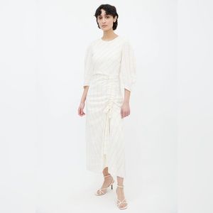 Maje Cream & Mustard Ruched Stripe Midi Dress midi with Sleeves. Size 1